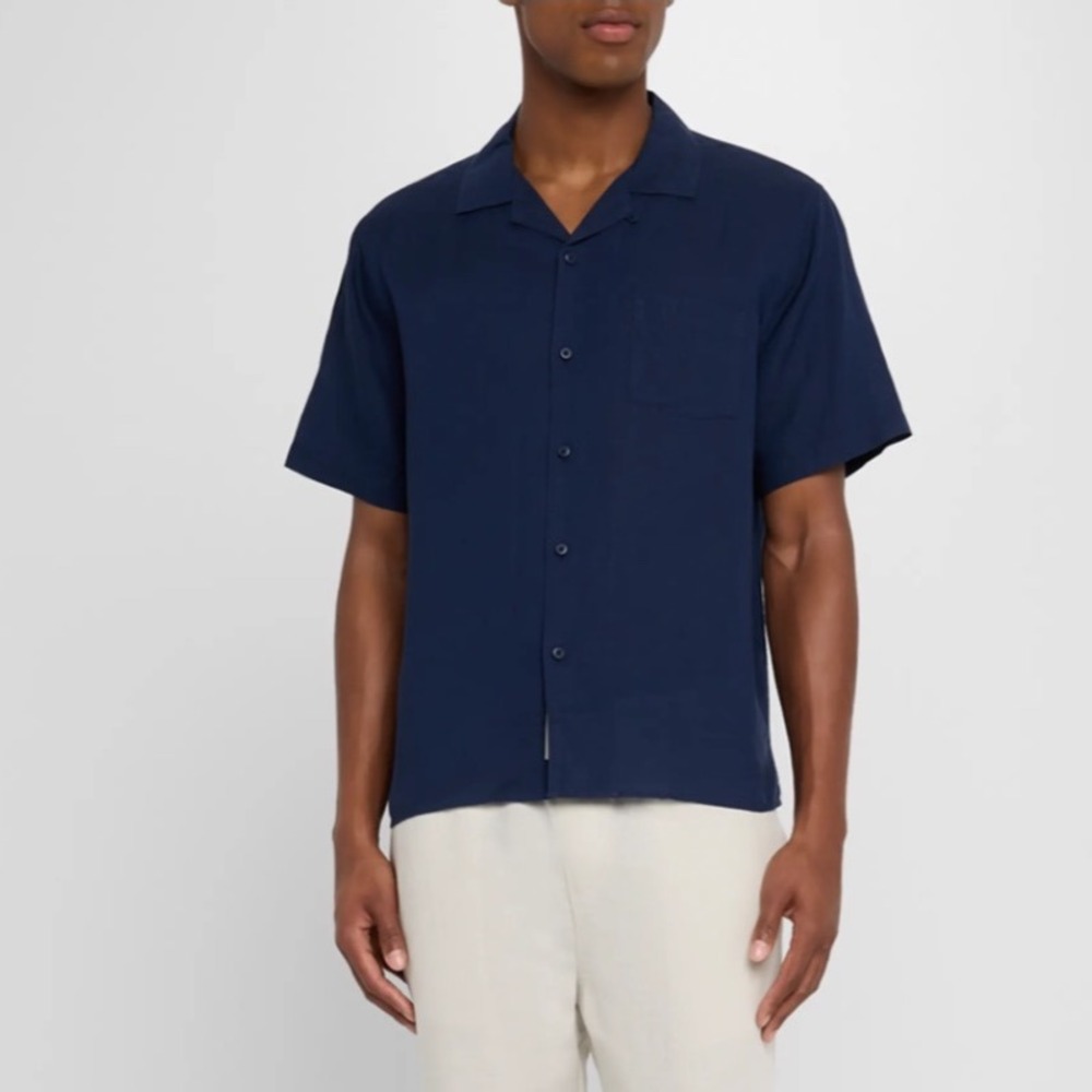 Onia Short Sleeve Button Up Shirt Mens Medium‎ Navy Blue Linen Blend Camp Collar